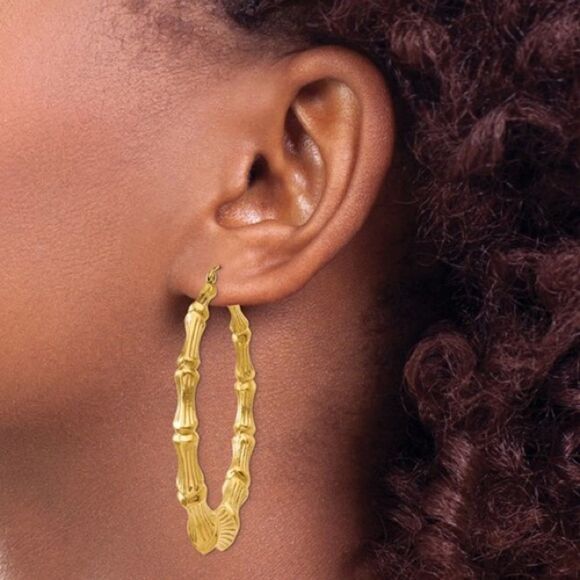 14k Gold Large Hoop Bamboo Earrings - Picture 6 of 12